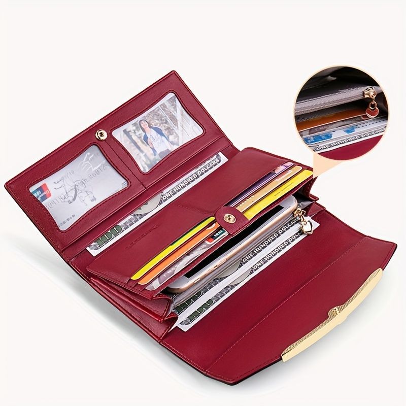 Women'S Genuine Leather Wallet Long Wallet Clutch Large Capacity Wallet - Red - Size m