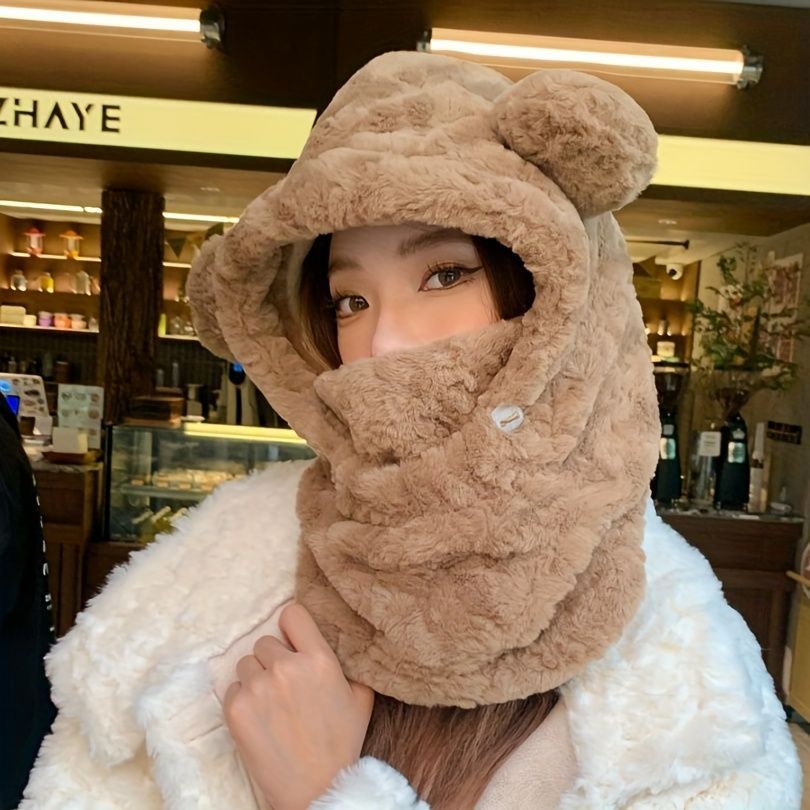 Women'S Winter Hat Furry Hat Ear Flap Hat Face Covering Hat Winter Accessory - Black - Size L