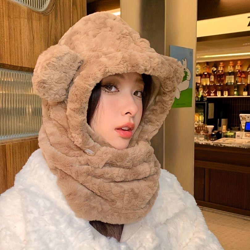 Women'S Winter Hat Furry Hat Ear Flap Hat Face Covering Hat Winter Accessory - Coffee color - Size L