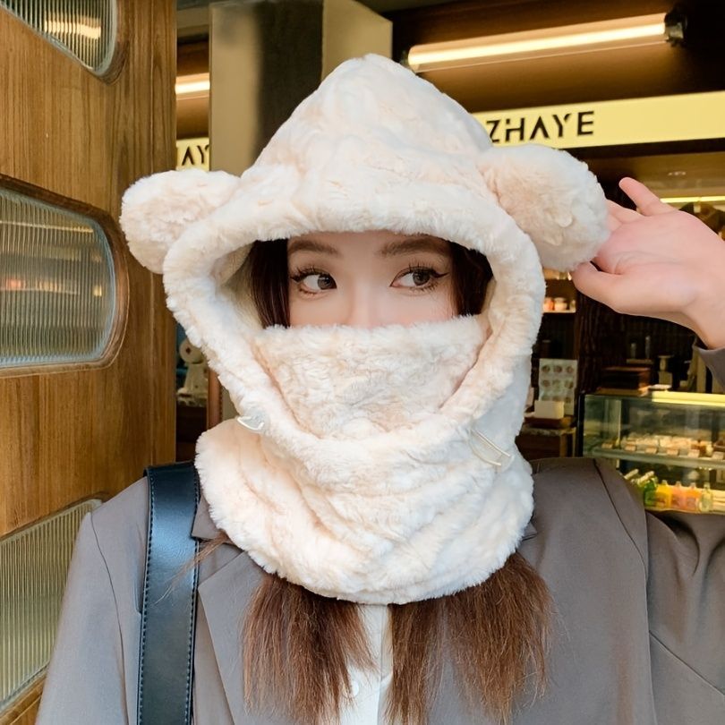 Women'S Winter Hat Furry Hat Ear Flap Hat Face Covering Hat Winter Accessory - White - Size L