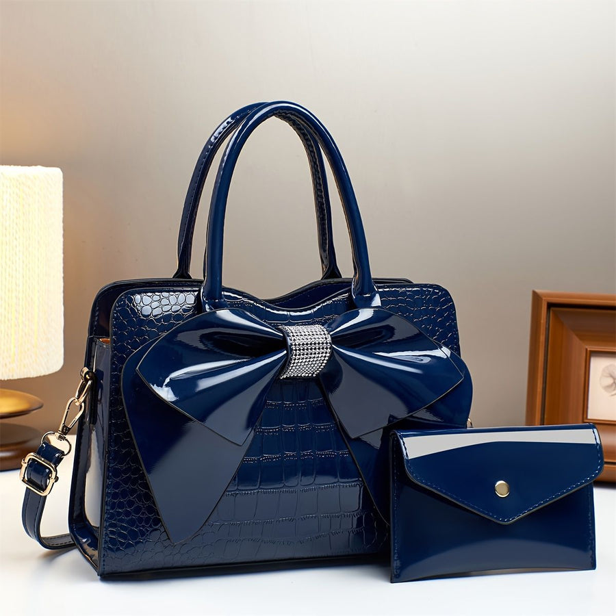 White Ladies Handbag Bow Embellished Handbag Handbag With Small Purse Crocodile - Black - Size 29-12-21