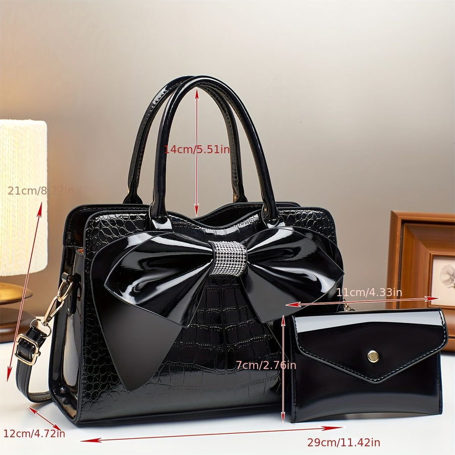White Ladies Handbag Bow Embellished Handbag Handbag With Small Purse Crocodile - Black - Size 29-12-21