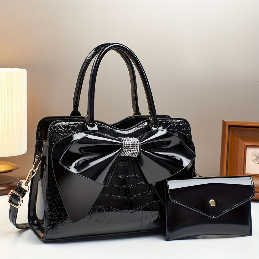 White Ladies Handbag Bow Embellished Handbag Handbag With Small Purse Crocodile - Khaki - Size 29-12-21