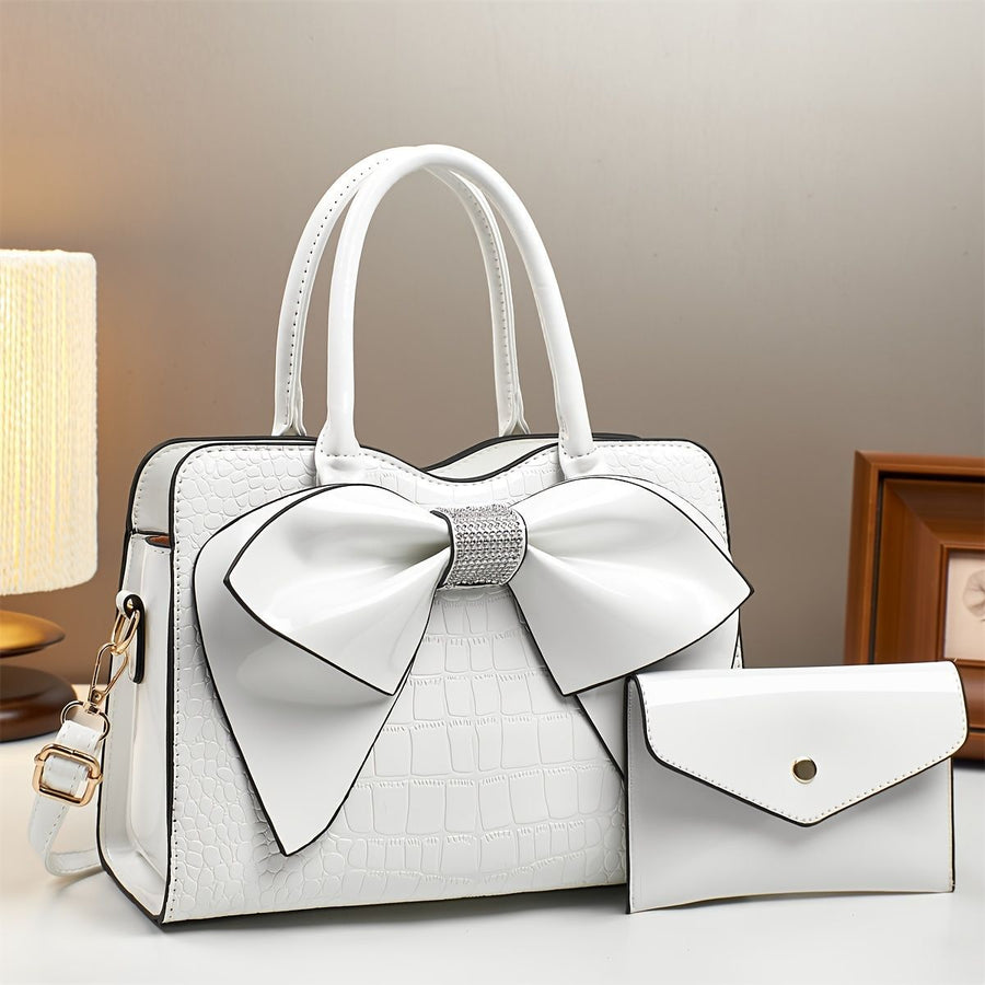 White Ladies Handbag Bow Embellished Handbag Handbag With Small Purse Crocodile - White - Size 29-12-21