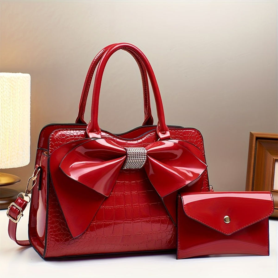 White Ladies Handbag Bow Embellished Handbag Handbag With Small Purse Crocodile - White - Size 29-12-21