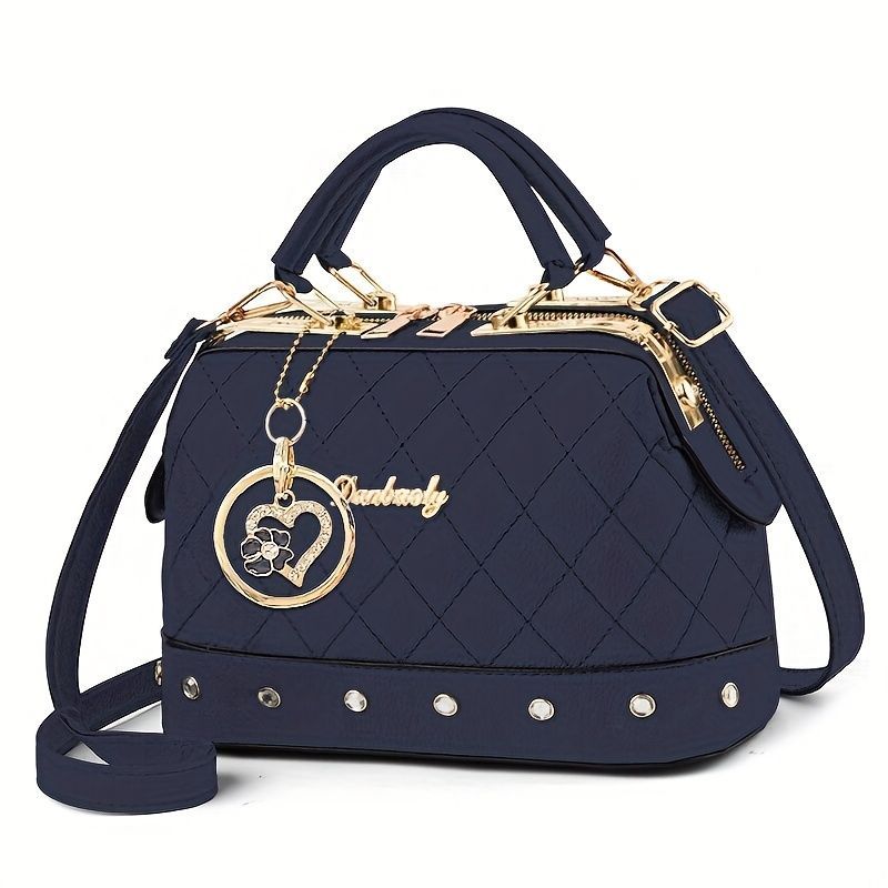 Women'S Handbag Quilted Handbag Studded Handbag Black Handbag Gold Toned - Blue - Size 25-13-16
