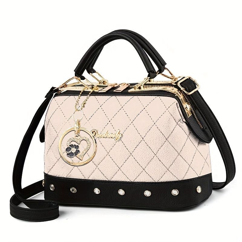Women'S Handbag Quilted Handbag Studded Handbag Black Handbag Gold Toned - Red - Size 25-13-16