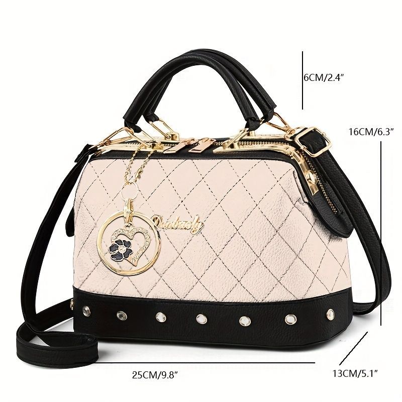 Women'S Handbag Quilted Handbag Studded Handbag Black Handbag Gold Toned - Red - Size 25-13-16