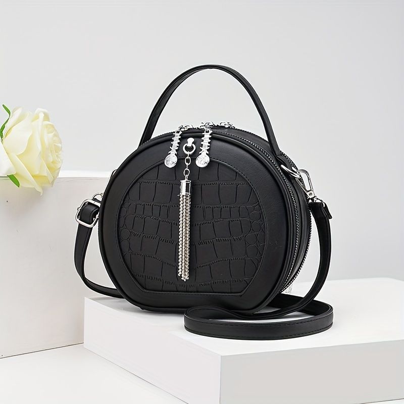 Ladies Handbag Round Handbag Croc-Embossed Handbag Tassel Handbag High-Quality - Green - Size L