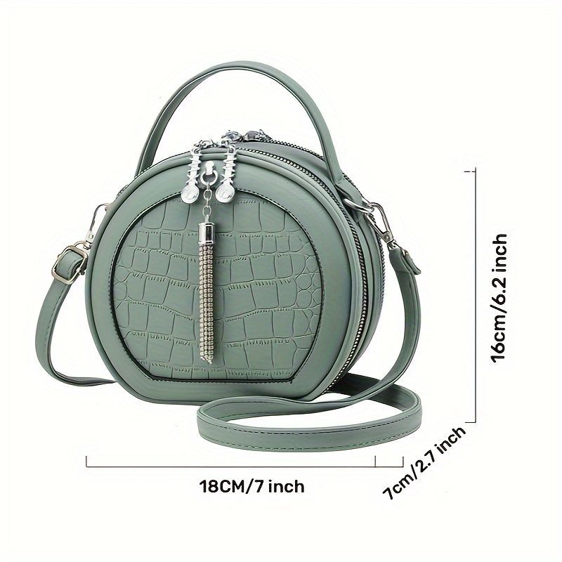 Ladies Handbag Round Handbag Croc-Embossed Handbag Tassel Handbag High-Quality - Green - Size L