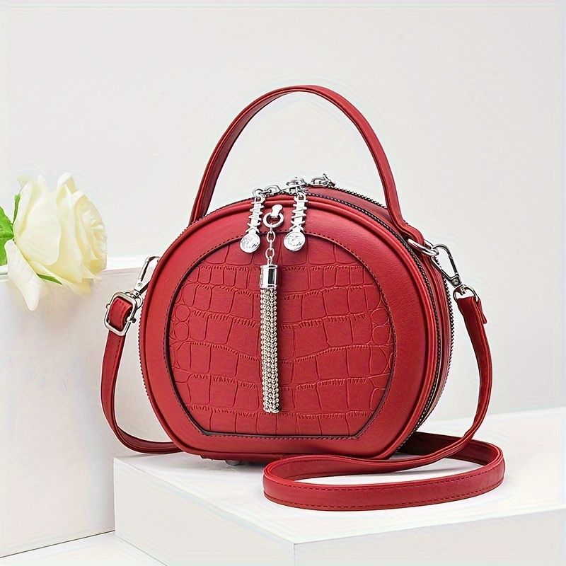 Ladies Handbag Round Handbag Croc-Embossed Handbag Tassel Handbag High-Quality - Green - Size L