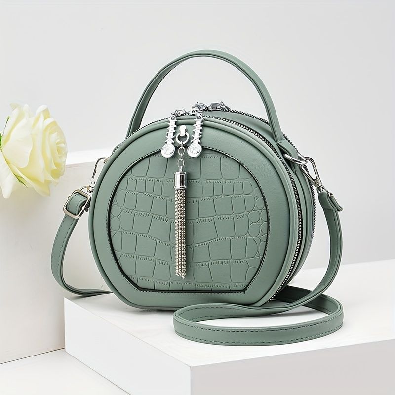 Ladies Handbag Round Handbag Croc-Embossed Handbag Tassel Handbag High-Quality - Pink - Size L