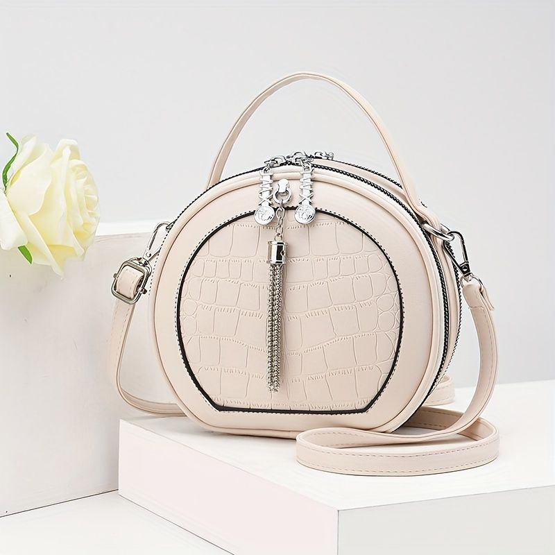 Ladies Handbag Round Handbag Croc-Embossed Handbag Tassel Handbag High-Quality - Pink - Size L