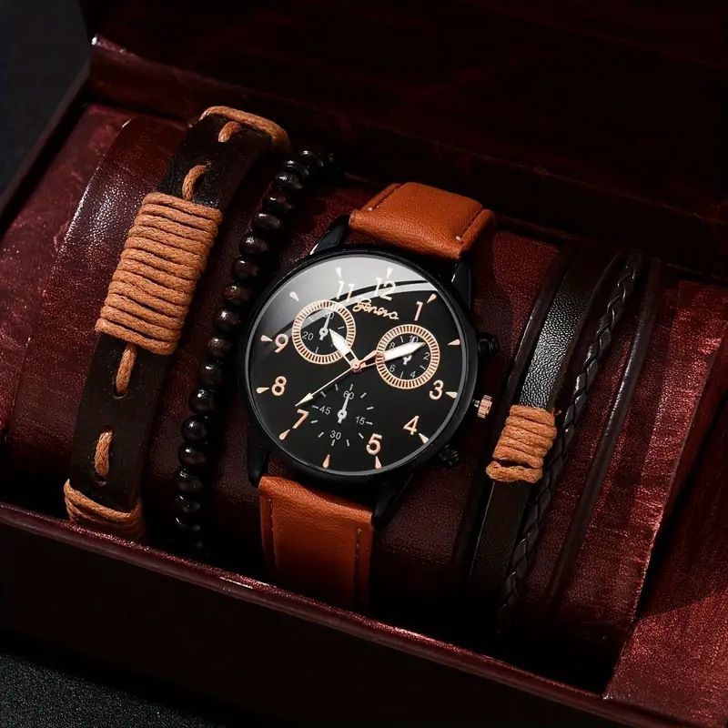 Men'S Bracelet Watch Set Single Calendar Watch Fake Three Eye Watch Canvas - Black - Size 15