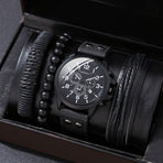 Men'S Bracelet Watch Set Single Calendar Watch Fake Three Eye Watch Canvas - Black - Size 15