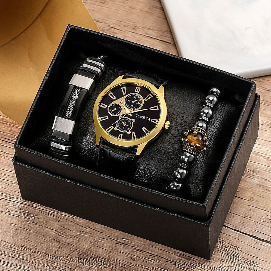 Men'S Bracelet Watch Set Single Calendar Watch Fake Three Eye Watch Canvas - Black - Size 15