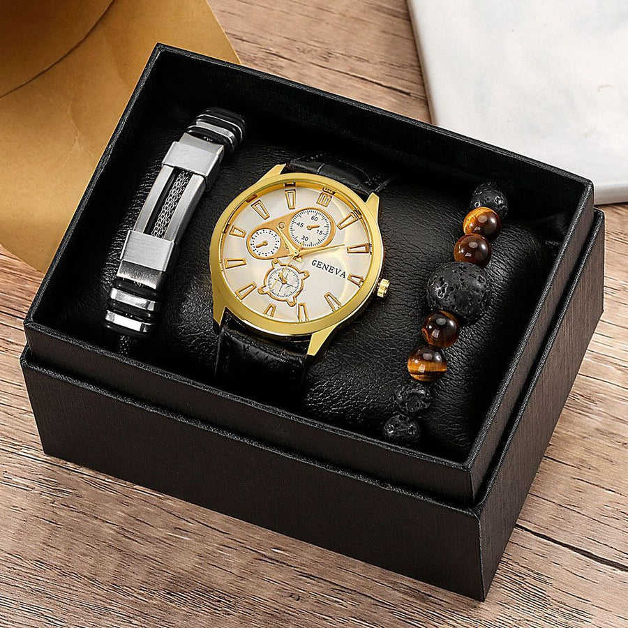 Men'S Bracelet Watch Set Single Calendar Watch Fake Three Eye Watch Canvas - Black - Size 15