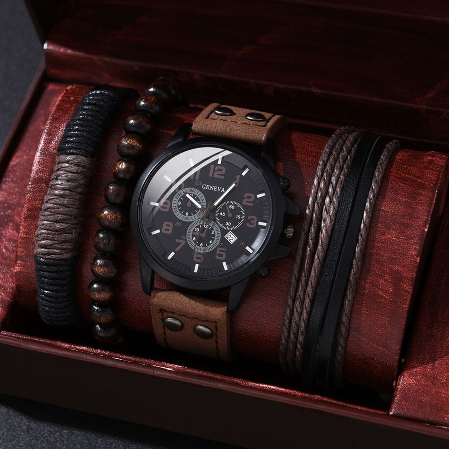 Men'S Bracelet Watch Set Single Calendar Watch Fake Three Eye Watch Canvas - Black - Size 19