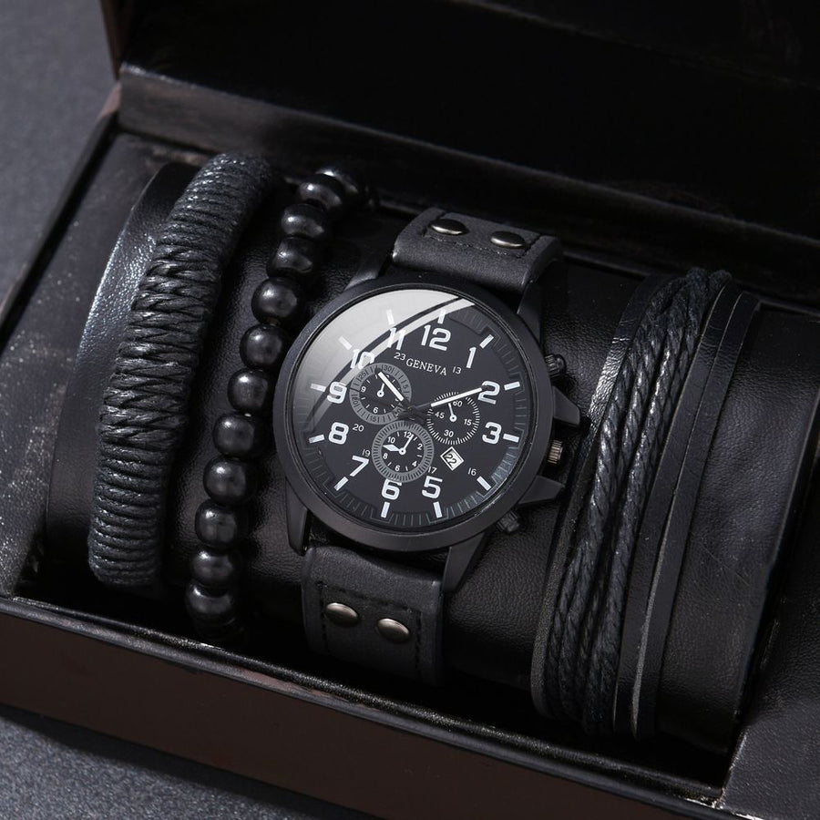 Men'S Bracelet Watch Set Single Calendar Watch Fake Three Eye Watch Canvas - Black - Size 19