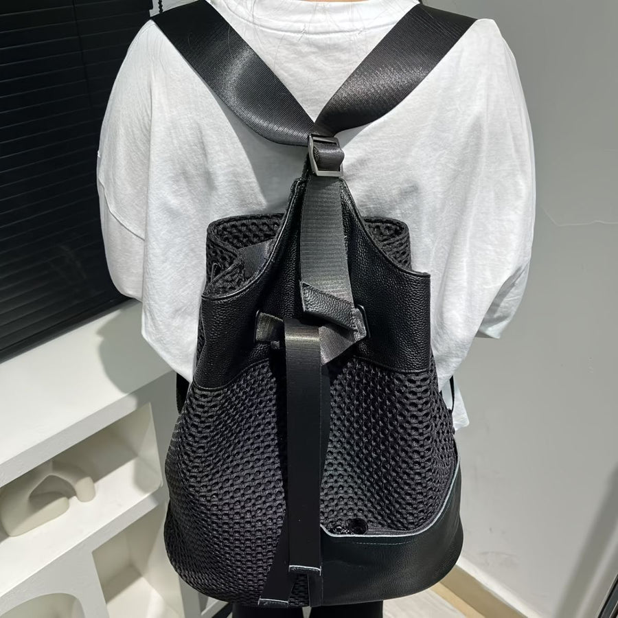 Leather Backpack Mesh Backpack Hybrid Backpack Travel Backpack Stylish Backpack - Black - Size M