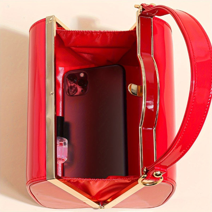 Women'S Evening Clutch Patent Leather Handbag Shiny Hand-Held Bag Hard-Shell - Orange - Size 18-13-14