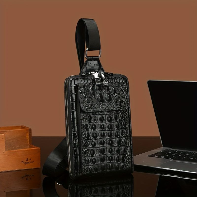 Brown Black Leather Crossbody Bag Chest Bag Croco Embossed Leather Travel Bag Everyday