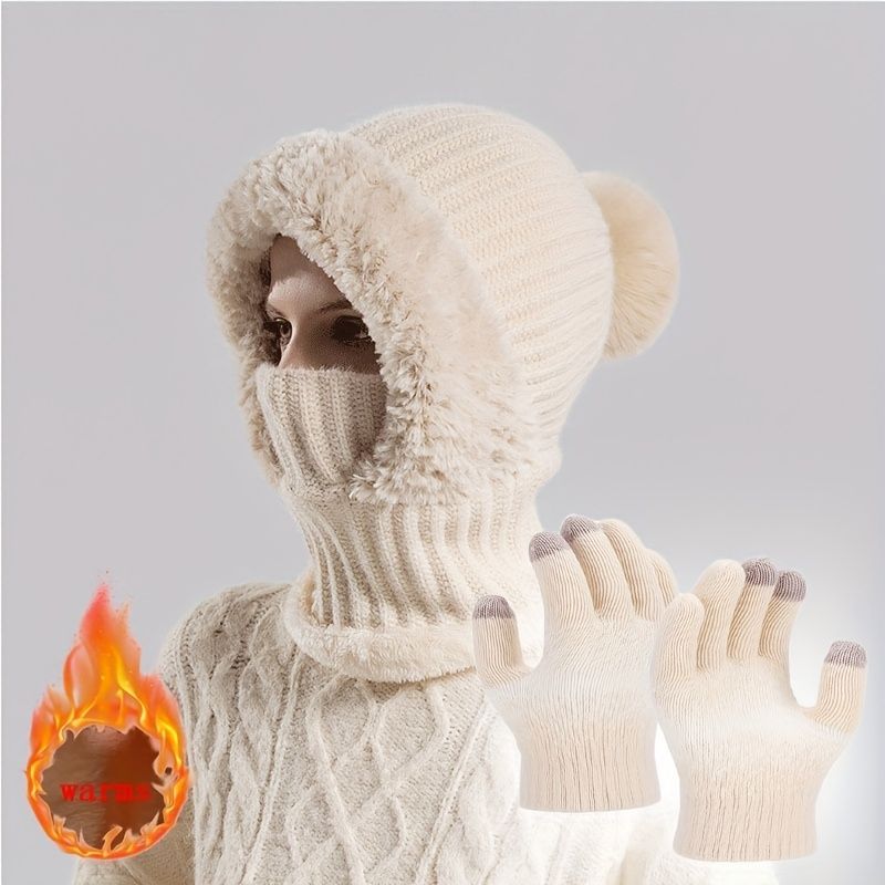Women'S Winter Accessories Knit Hat Scarf Touch-Screen Gloves Winter Set Trendy - Beige - Size L