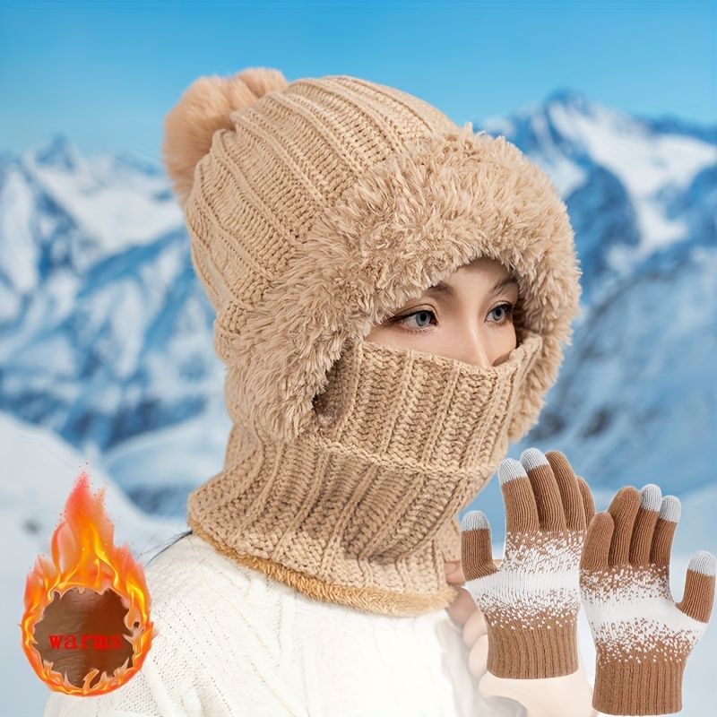 Women'S Winter Accessories Knit Hat Scarf Touch-Screen Gloves Winter Set Trendy - Khaki - Size L