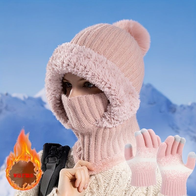 Women'S Winter Accessories Knit Hat Scarf Touch-Screen Gloves Winter Set Trendy - Pink - Size L
