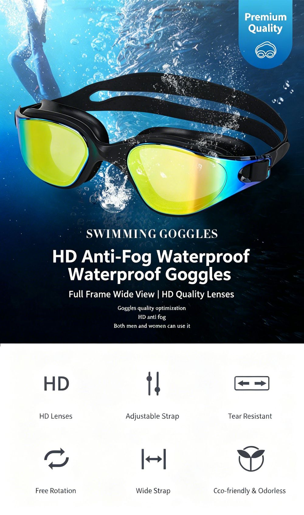 High definition silicone waterproof and anti fog adult swimming goggles,Black Colorful Blue