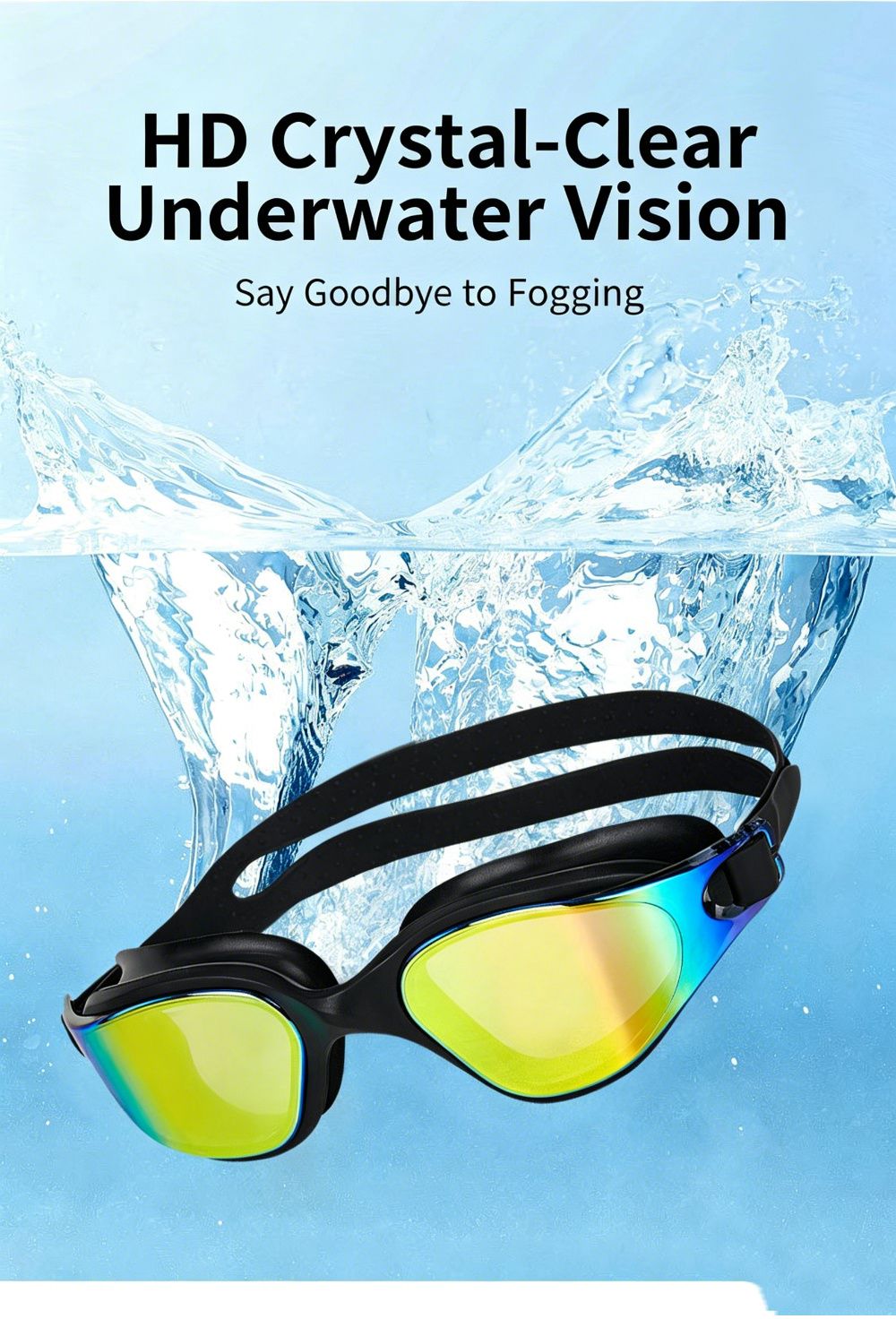 High definition silicone waterproof and anti fog adult swimming goggles,Black Colorful Blue