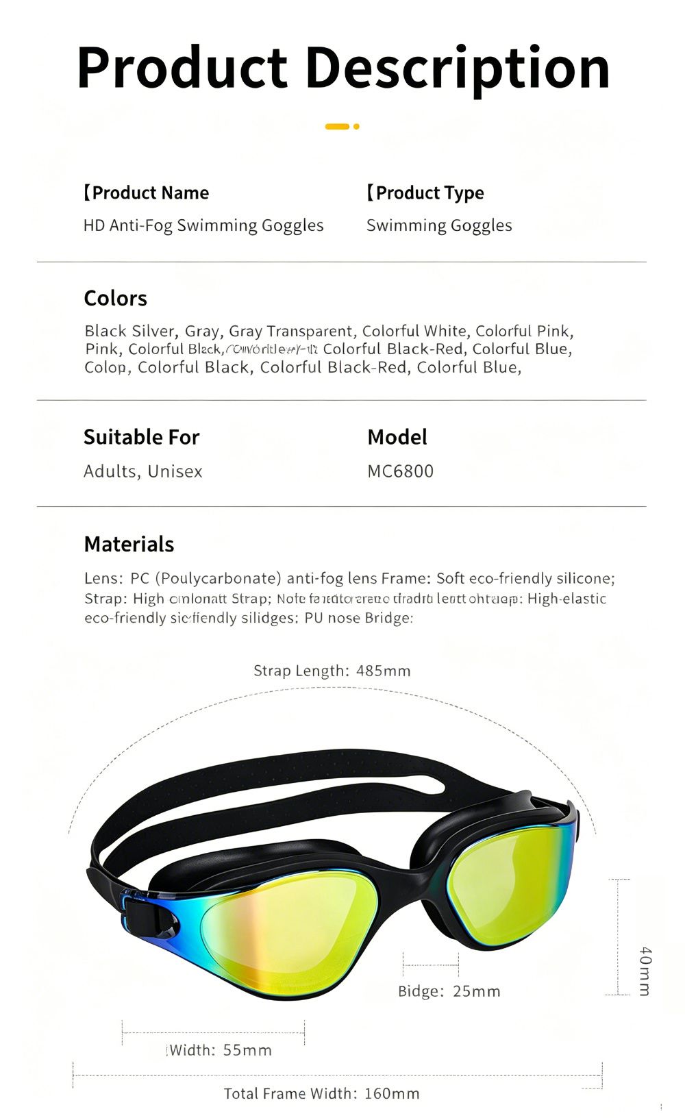 High definition silicone waterproof and anti fog adult swimming goggles,Black Colorful Blue