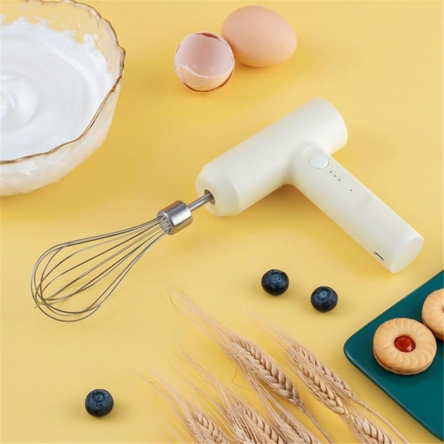 Cordless Hand Mixer, One Touch Off Handheld Electric Whisk with 3 Speed Modes, Hand Held Egg Beater with 2 Detachable Stir Whisks (White）