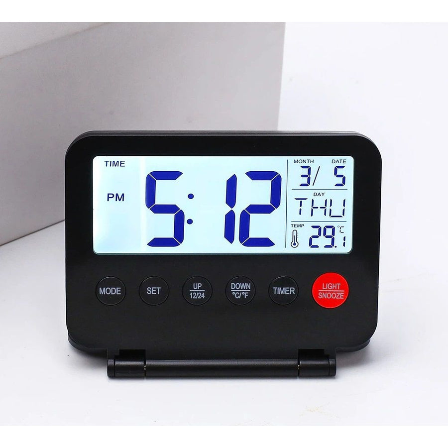 Digital Travel Alarm Clock - LCD Display, Backlit desktop alarm clock, student folding mirror electronic clock, temperature display, snooze, portable clock（black）