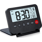 Digital Travel Alarm Clock - LCD Display, Backlit desktop alarm clock, student folding mirror electronic clock, temperature display, snooze, portable clock（black）