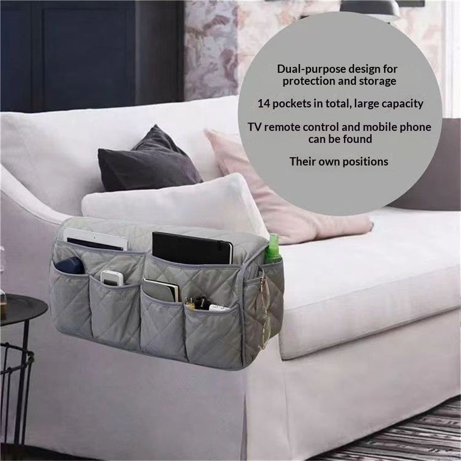 Sofa Armrest Organizer, Remote Control Holder, Waterproof Armchair Caddy with 14 Pockets for TV Remotes(Grey)