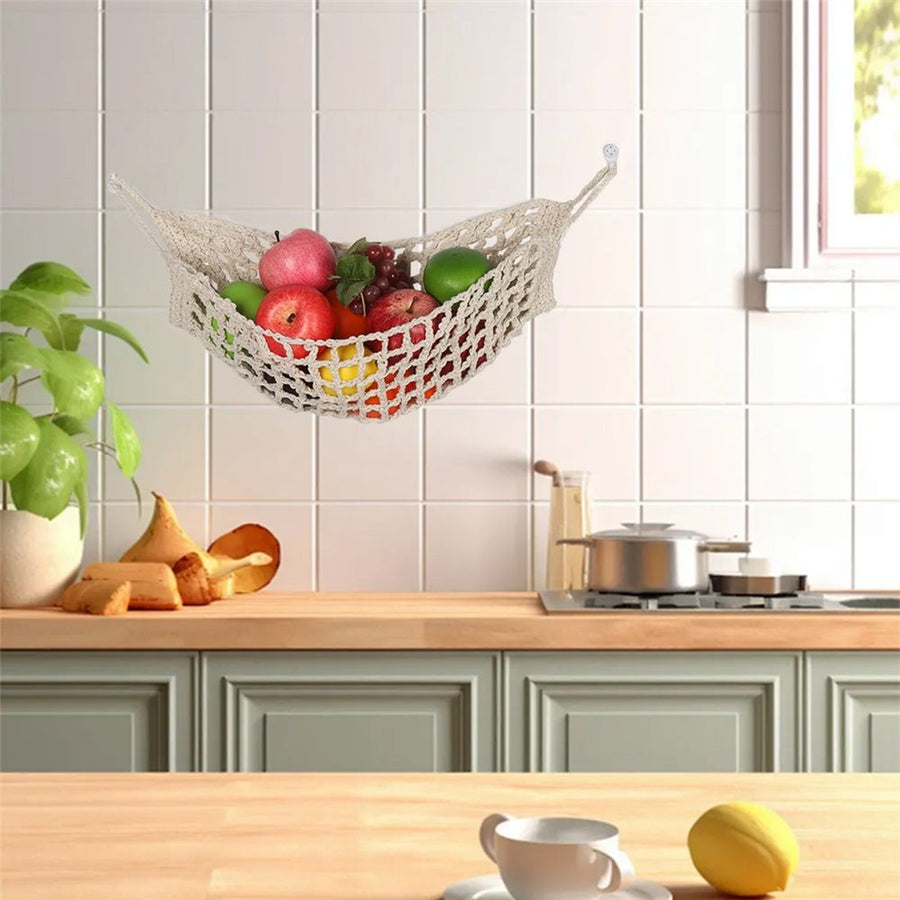 Fruit Hammock for Kitchen Under Cabinet Fruit Basket Hanging Handwoven Cotton Macrame Basket Boho Decor Storage Save Counter Space for Home Camper RV (white,Only storage mesh bag)