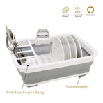Silicone Clear & Grey Dish Drying Rack with 4 Silverware Slots Compact Size | Collapsible Space-Saving Design Fits in Cabinet（Excluding tableware
）