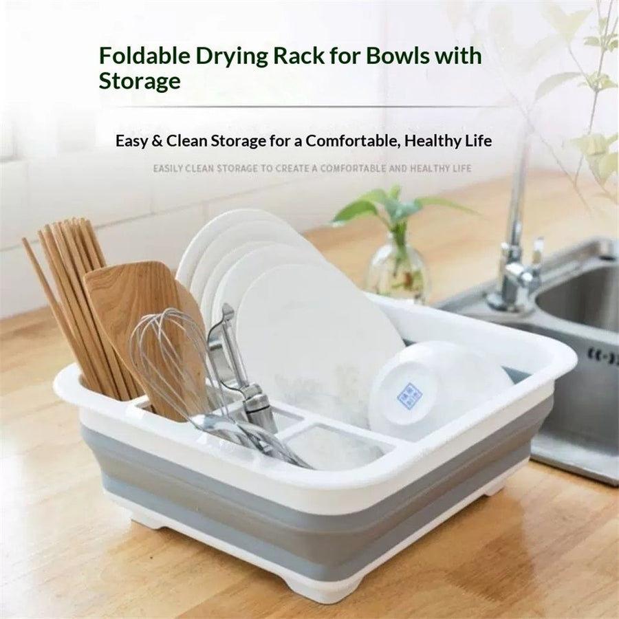 Silicone Clear & Grey Dish Drying Rack with 4 Silverware Slots Compact Size | Collapsible Space-Saving Design Fits in Cabinet（Excluding tableware
）
