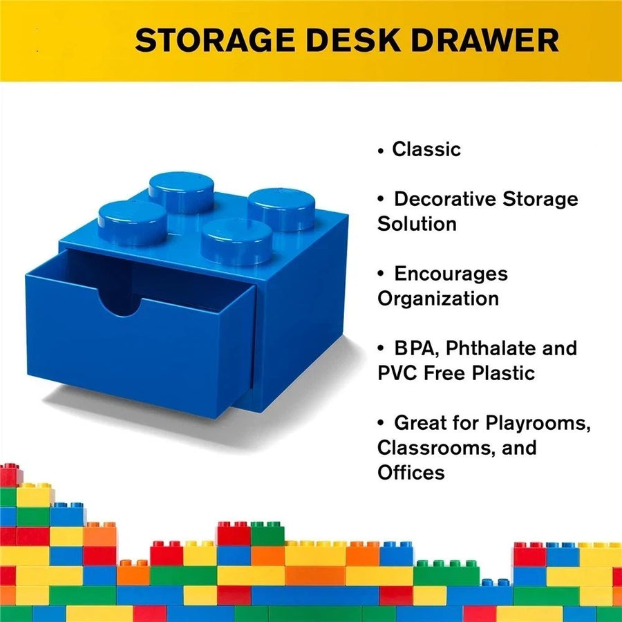 Storage Brick 4 Knobs Blue - Stackable Plastic Storage Box with Lid for Kids and Adults Ideal Desk Organizer and Toy Box