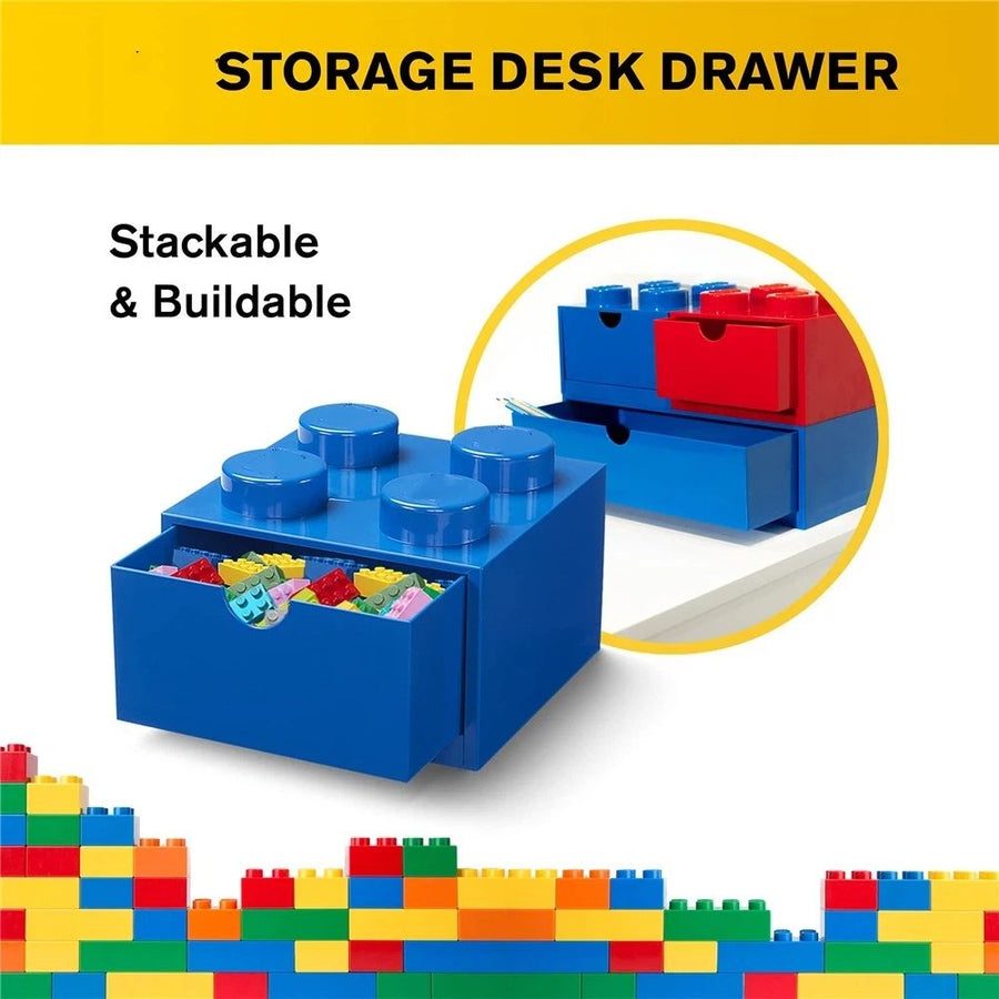 Storage Brick 4 Knobs Blue - Stackable Plastic Storage Box with Lid for Kids and Adults Ideal Desk Organizer and Toy Box