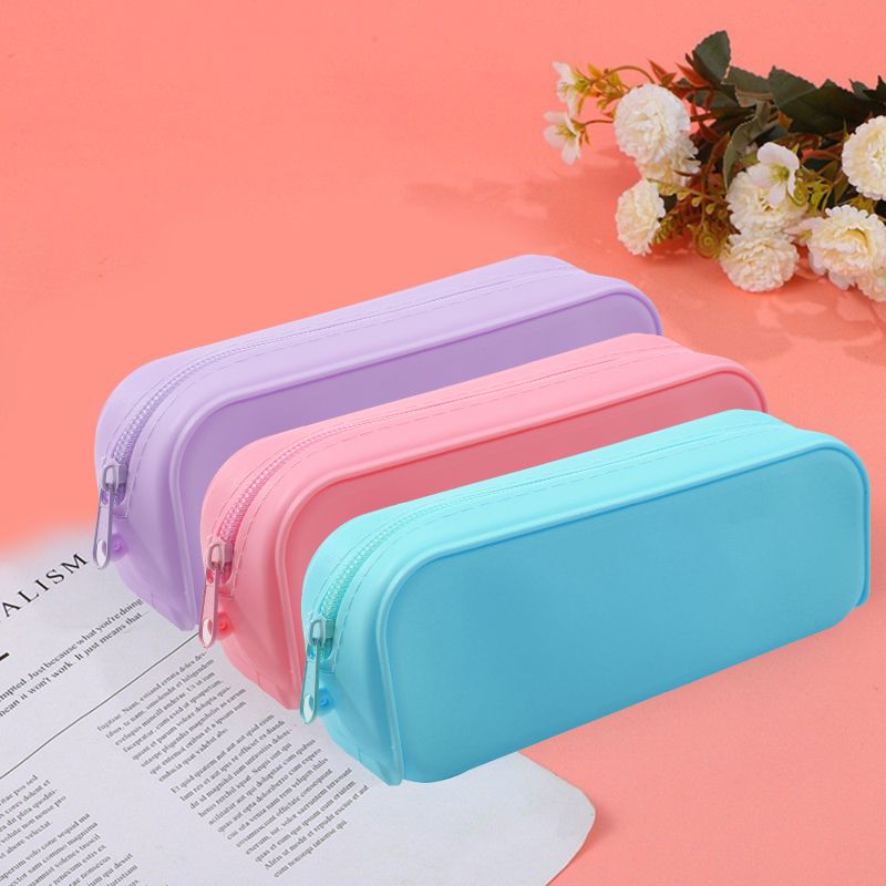 Large Soft Silicone Waterproof Pencil Case for School, Creative Gradient Color Pencil Case with Random Zipper