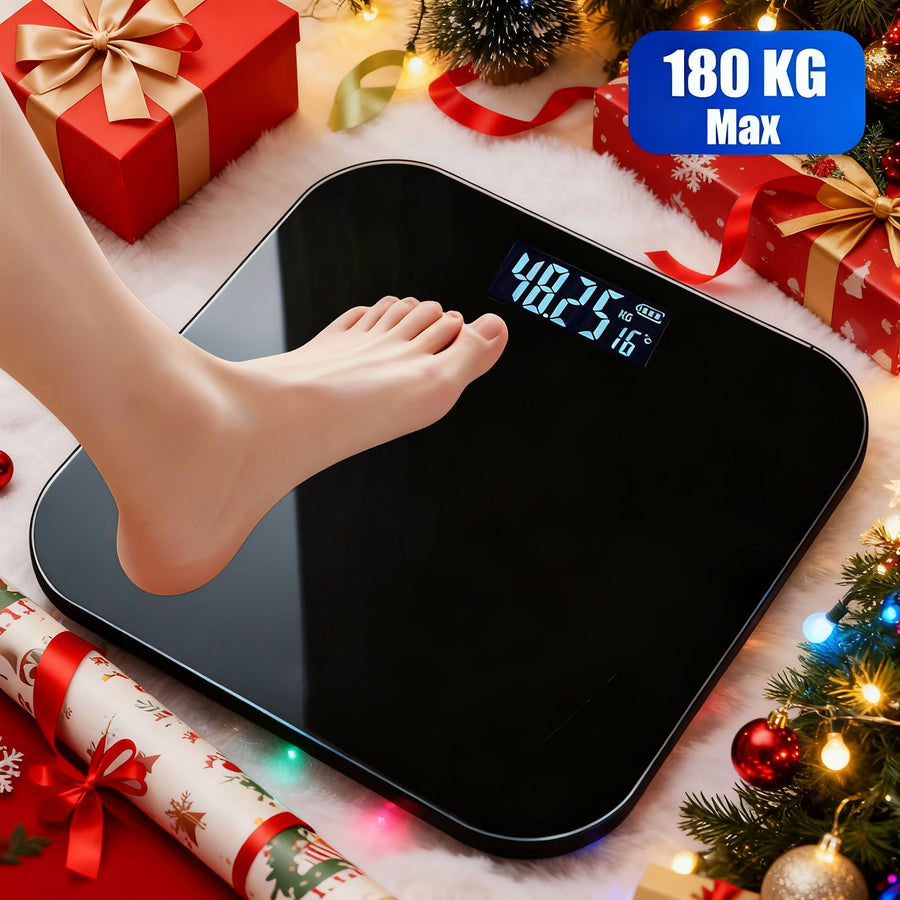 High-Precision Bathroom Electronic Scale with LED Display and Temperature Reading, Switchable Kg/Lb, Extra-Wide Glass Platform, Suitable for Gyms and Dorms Black
