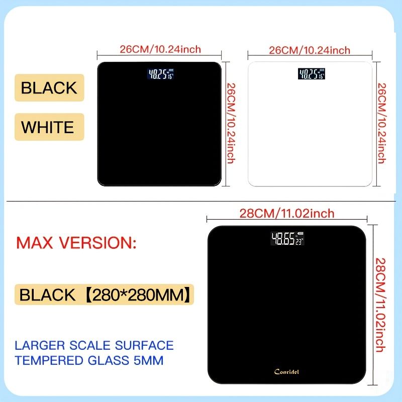 High-Precision Bathroom Electronic Scale with LED Display and Temperature Reading, Switchable Kg/Lb, Extra-Wide Glass Platform, Suitable for Gyms and Dorms Black
