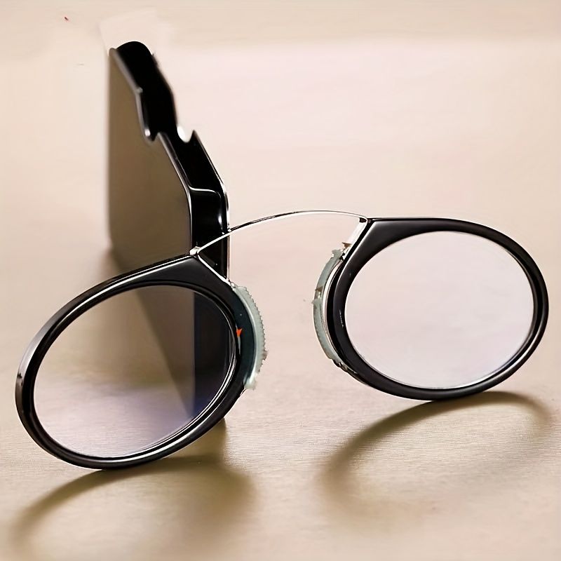 Ultra-Lightweight Clip-On Nose Reading Glasses for Men & Women - Sleek Black Round Frame, Metal Hinges with Protective Case, Perfect for Reading & Close-Up Tasks, Foldable Style, Ideal Gift