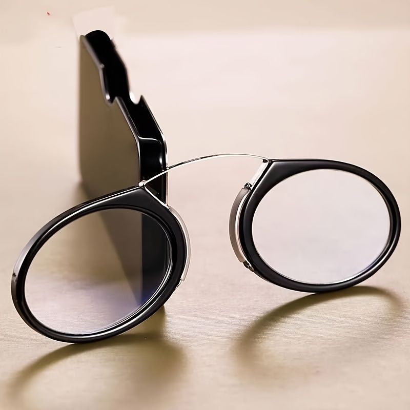 Ultra-Lightweight Clip-On Nose Reading Glasses for Men & Women - Sleek Black Round Frame, Metal Hinges with Protective Case, Perfect for Reading & Close-Up Tasks, Foldable Style, Ideal Gift