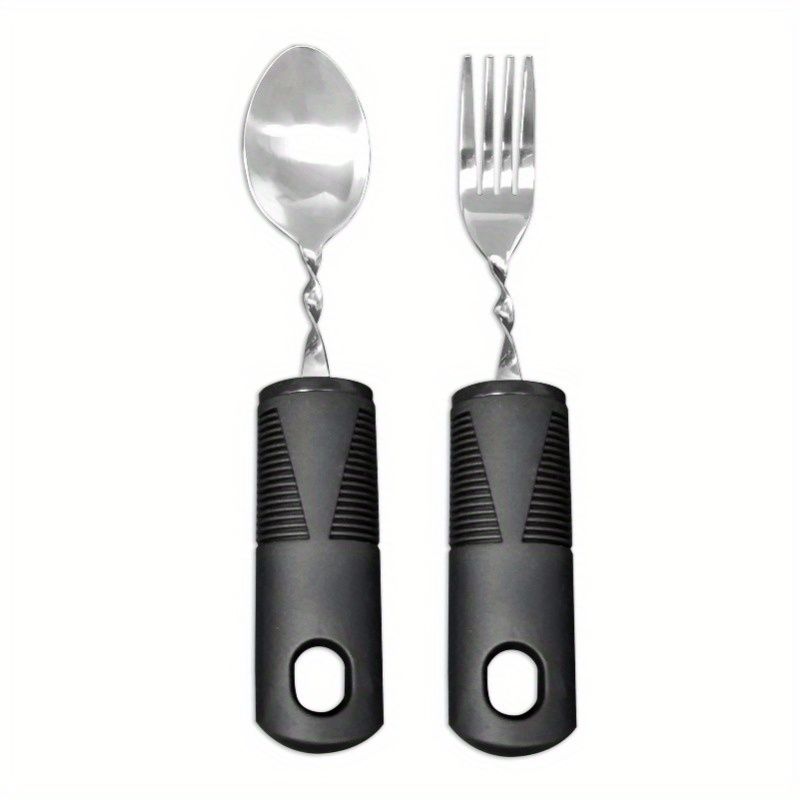 2/3pcs Bendable Tablewares for Hand Tremors, Portable, Anti-shake, Non-slip Silverware for Parkinsons Patients Arthritic Hands, Adaptive Eating Large Spoon & Fork Black Spoon & Fork