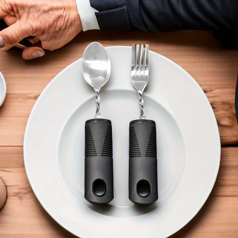 2/3pcs Bendable Tablewares for Hand Tremors, Portable, Anti-shake, Non-slip Silverware for Parkinsons Patients Arthritic Hands, Adaptive Eating Large Spoon & Fork Black Spoon & Fork
