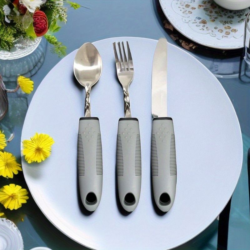 2/3pcs Bendable Tablewares for Hand Tremors, Portable, Anti-shake, Non-slip Silverware for Parkinsons Patients Arthritic Hands, Adaptive Eating Large Spoon & Fork Black Spoon & Fork
