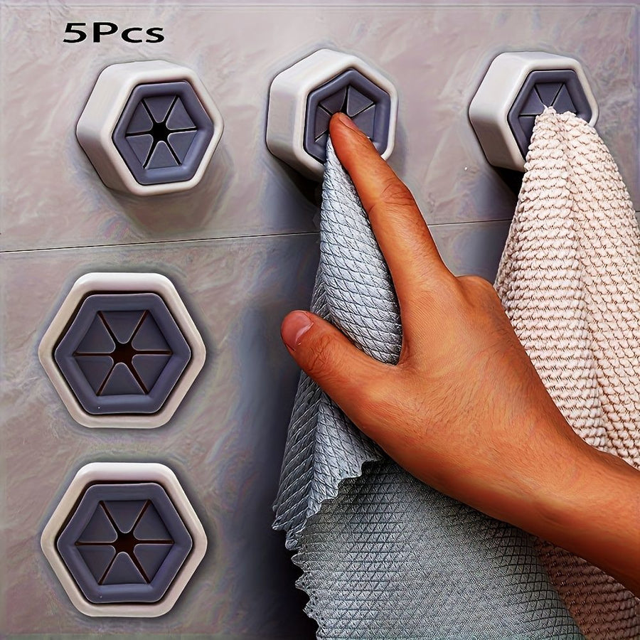 5-Pack Hexagon Towel Hooks, Wall Mount Plastic Utility Hook Set, Easy Install, Multi-functional Home and Kitchen Organizer Accessories, Casual Style Cloth Holder 5 Pieces